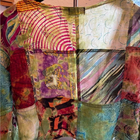 Kathmandu Imports Boho Patchwork Tie Front Bell Sleeve Blouse size small/medium - Picture 9 of 9